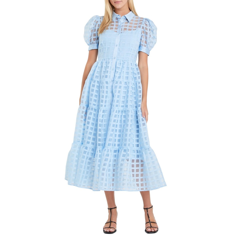English Factory Grid Pattern Tiered Midi Shirtdress Powder Blue Small NWT